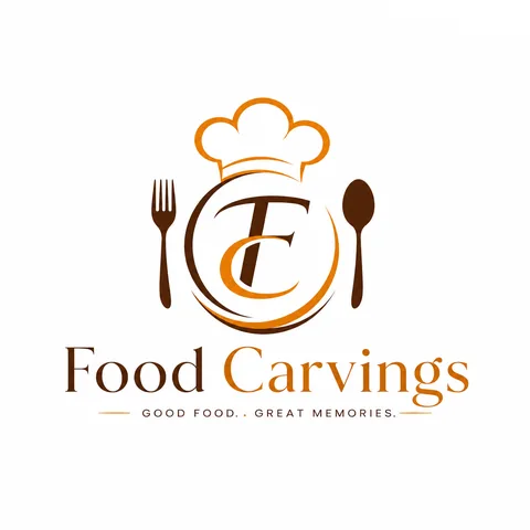 Food Carvings restaurant logo with a chef hat, plate, fork and spoon