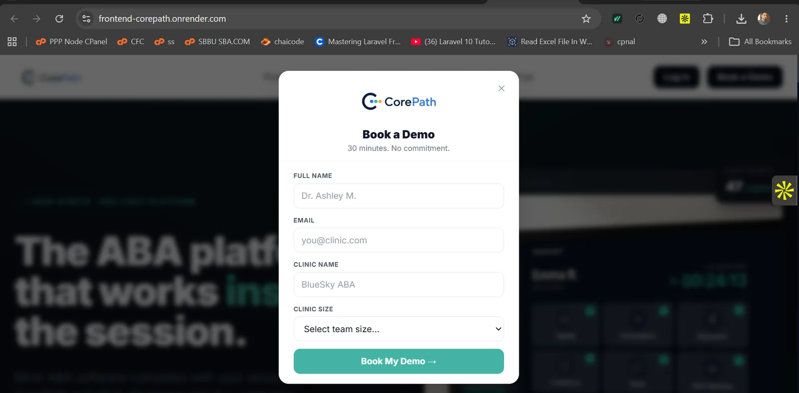 CorePath ABA platform demo booking form on the product landing page